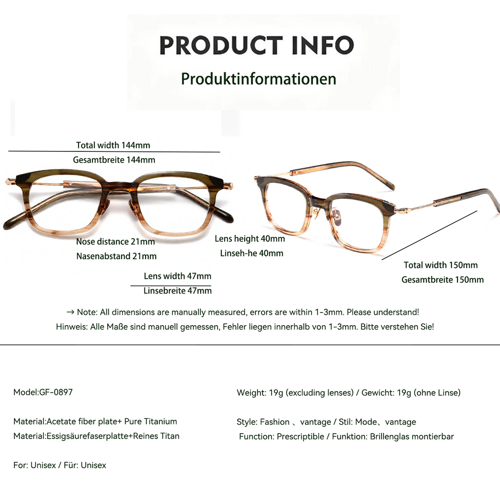 Vintage-Brille, handgefertigt, mit Rahmen aus reinem Titan