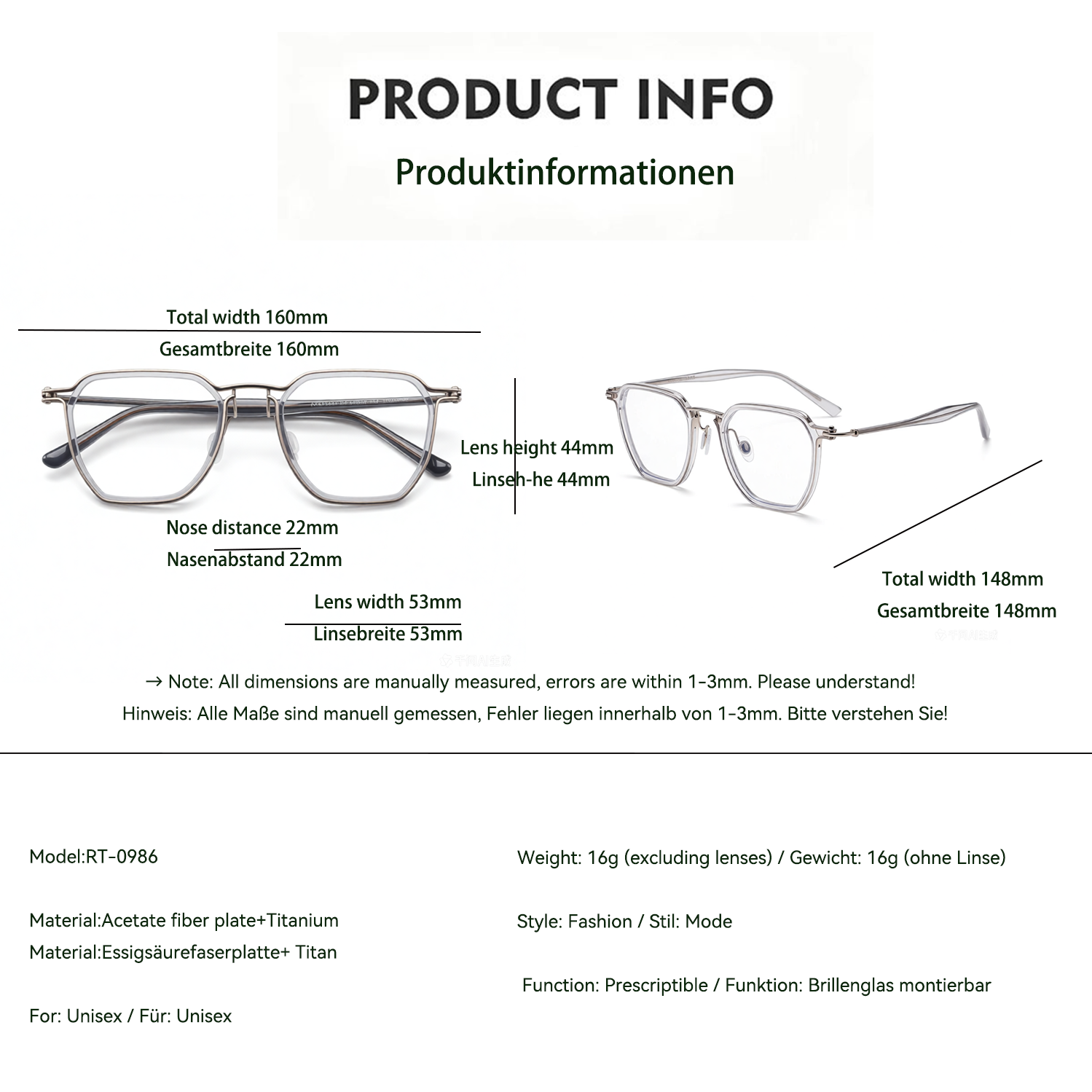 Gafas de moda con montura de metal de titanio
