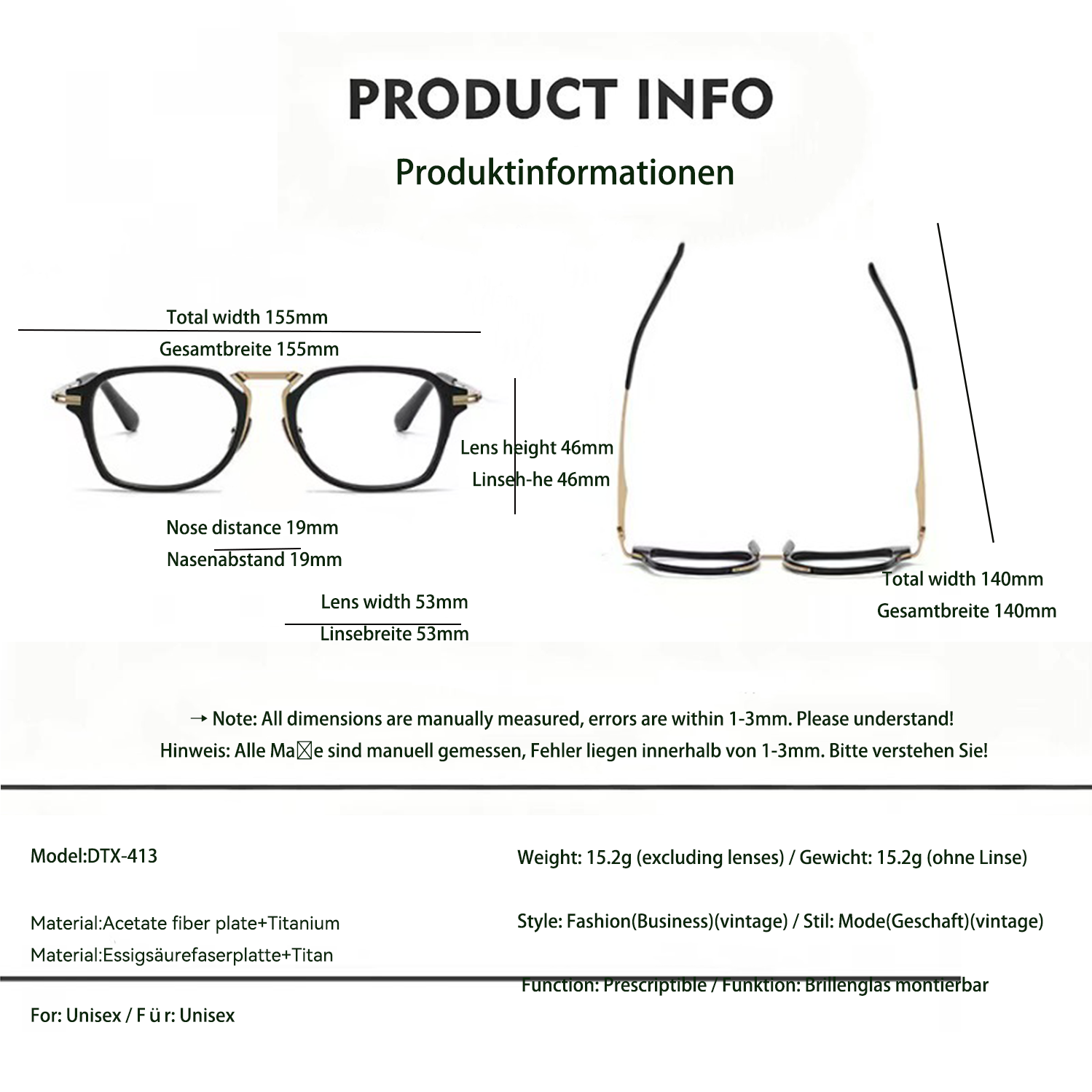 Personalisierte Vintage-Brille aus Titan, einteilig