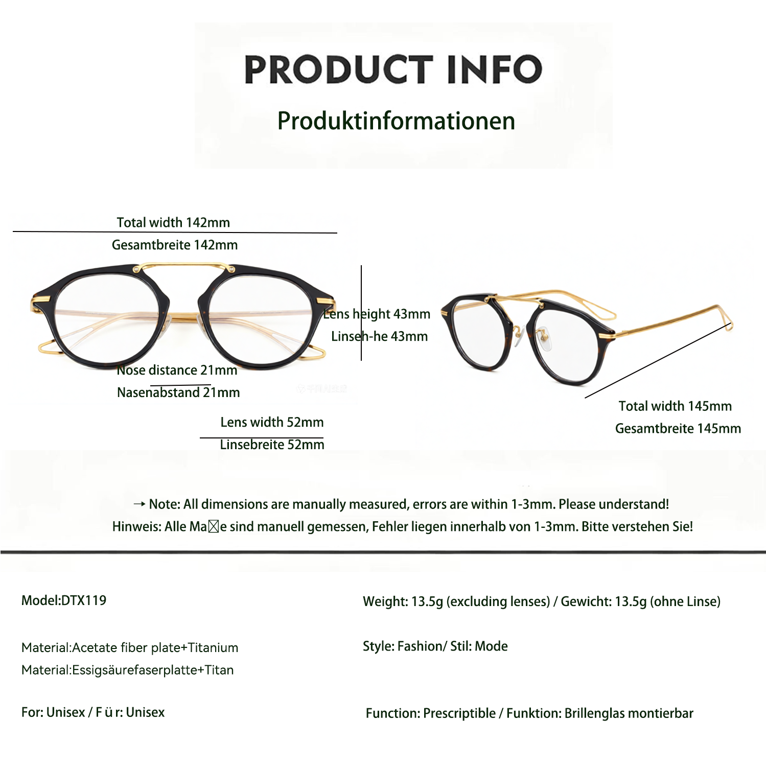 Gafas con montura de fibra de acetato y titanio a la moda